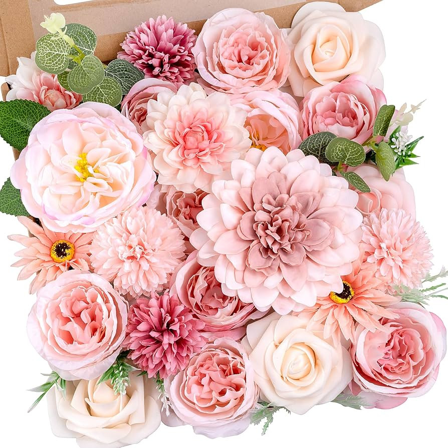 Pink Flowers Artificial Roses Combo Set Fake Pink Silk Flowers Faux Peony Flowers Mix Chrysanthem... | Amazon (US)