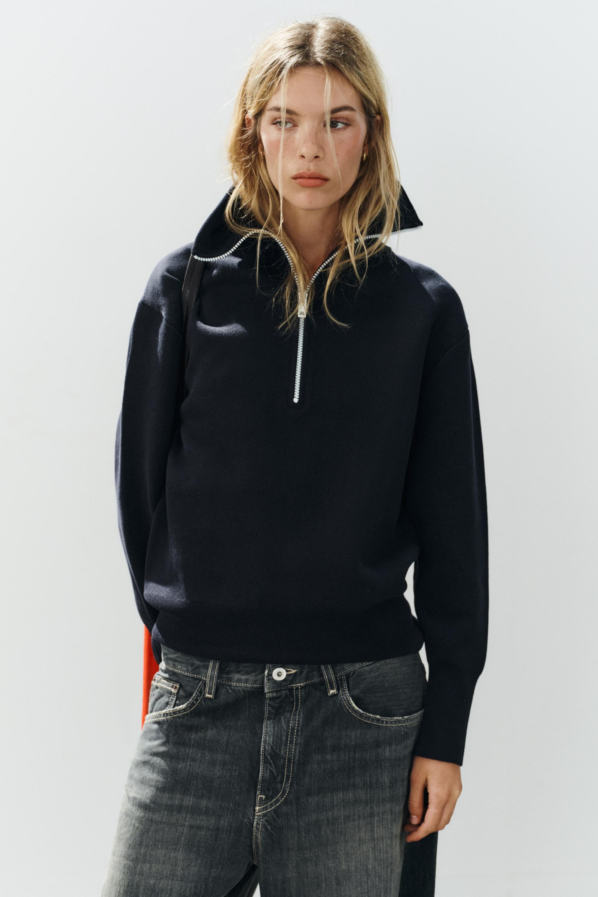 Zara - Oversized Zipped Knit Jumper - Navy Blue - M-L - Woman | Zara UK