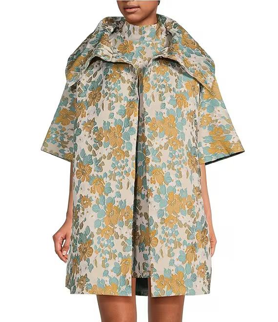 Brocade Floral Oversized Point Collar 3/4 Sleeve Pocketed Topper Jacket | Dillard's