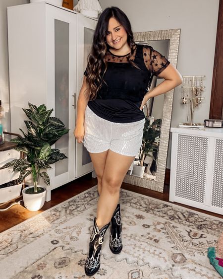 Eras Tour outfit idea! Sparkly shorts, cowgirl boots, and a mesh top! It’s giving reputation era! Try this for the Taylor swift concert! Everything is from amazon fashion! 

#LTKU #LTKcurves #LTKunder50