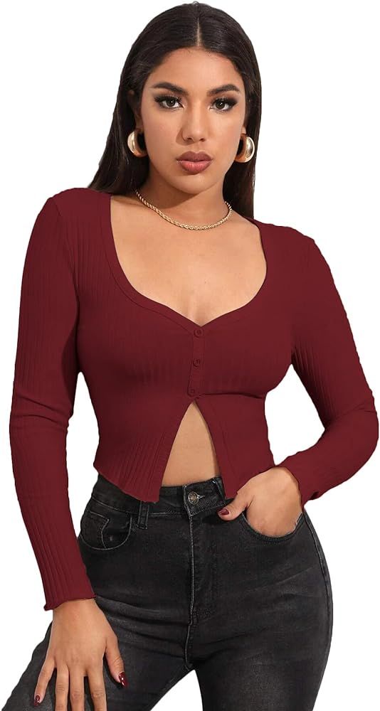 LYANER Women's Button Front V Neck Long Sleeve Slit Hem Ribbed Knit Crop T-Shirt Tee Top | Amazon (US)
