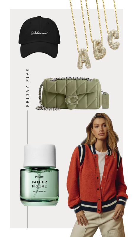 Friday Five: Shop My Wishlist 
1. Baublebar Bubble Initial Necklace
2. Delusional Hat - Code: WILDONE
3. Phlur Perfume - Father Figure 
4. Coach Qulited Tabby Bag 
5. Anthropologie Cardigan Sweater 



#LTKbeauty #LTKitbag #LTKstyletip