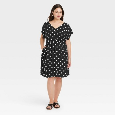 Women's Short Sleeve V-Neck Mini A-Line Dress - Ava & Viv™ Black Polka Dots 2X | Target