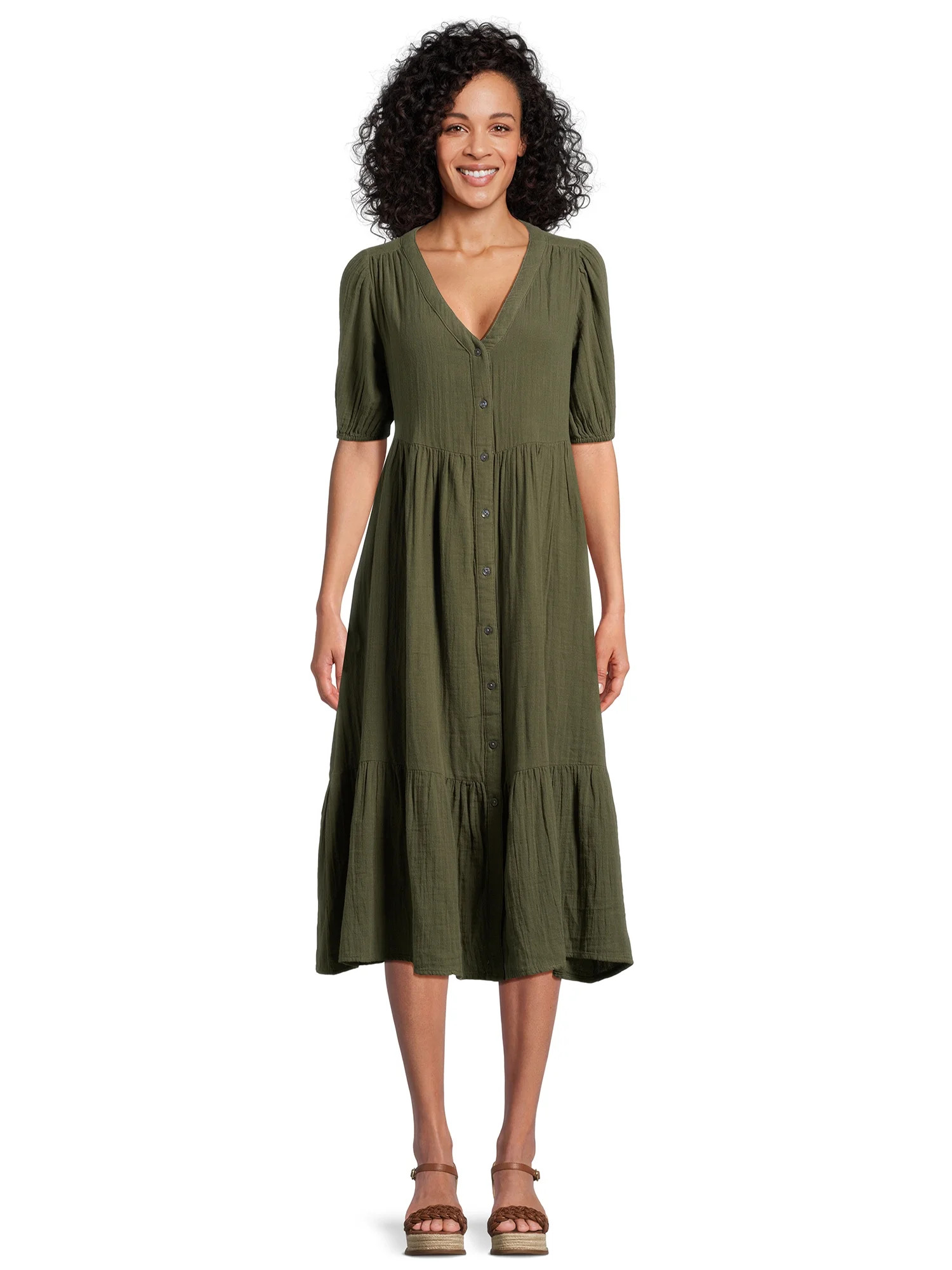 Time and Tru Women’s Tiered Midi Dress with Short Sleeves, Sizes XS-XXXL - Walmart.com | Walmart (US)
