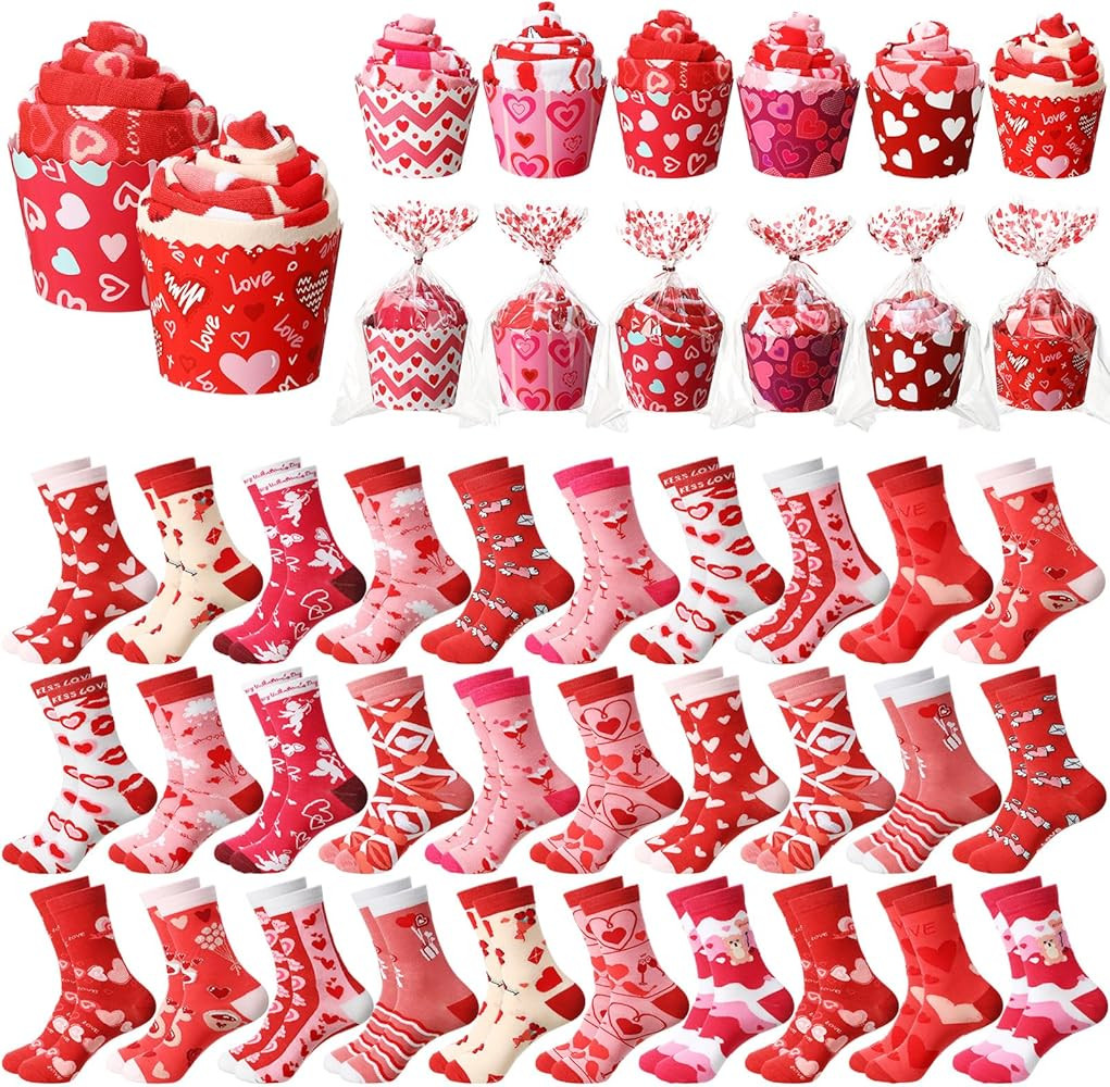 30 Pairs Valentine Socks Bulk Love Cupcake Sock Pink DIY Socks Gift Heart Soft Socks for Women Gi... | Amazon (US)