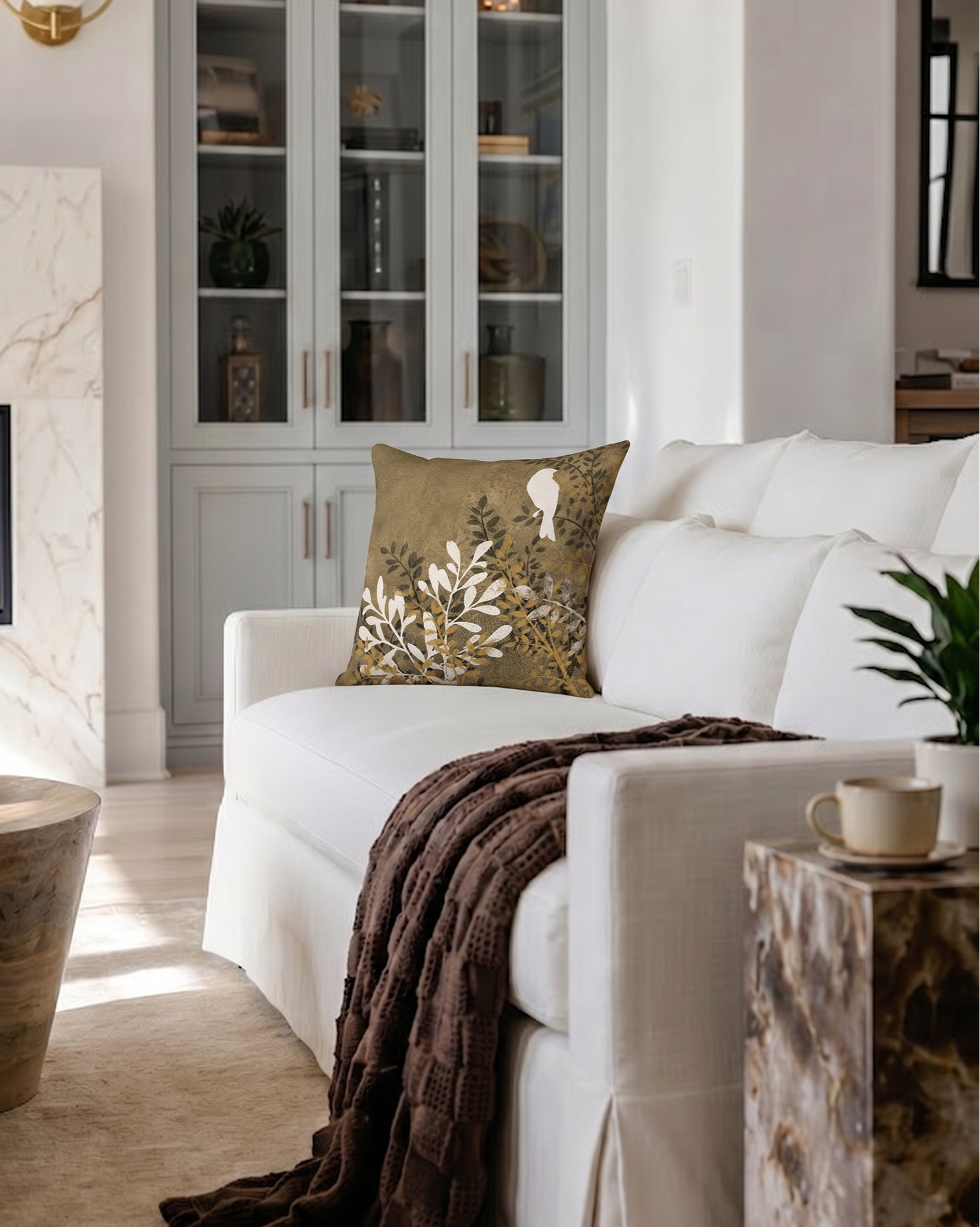 Shop the look:
* White upholstered accent chairs (modern box frame)
* Curved white sofa / loveseat
* Sculptural wood coffee table
* Organic wood side table stools
* Neutral textured area rug
* Marble fireplace surround (warm veining)
* Built-in glass display cabinets
* Light wood console table
* Upholstered round ottomans / stools
* Natural wood ceiling beams
* Light oak hardwood flooring
* Large white globe pendant light
* Fluted white glass pendant chandelier
* Brass wall sconces with globe shades
* Neutral ceramic table lamp
* Modern brass accent lighting
* Abstract neutral wall art
* Oversized framed artwork
* Gold sculptural decor objects
* Decorative brass tray
* Textured ceramic vase
* Organic sculptural vase centerpiece
* Decorative books for styling
* Neutral throw blanket
* Patterned accent pillow
* Small tabletop sculpture accents
* Textured runner rug
* Minimalist console styling
* Soft blue textured wallpaper
* Black framed windows
* Modern built-in shelving decor
* Layered neutral textiles

#LTKsale #LTKhome
