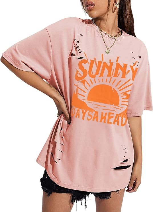 Remidoo Women's Sun and Moon Print Short Sleeve T Shirt Ripped Graphic Oversized Tees | Amazon (US)