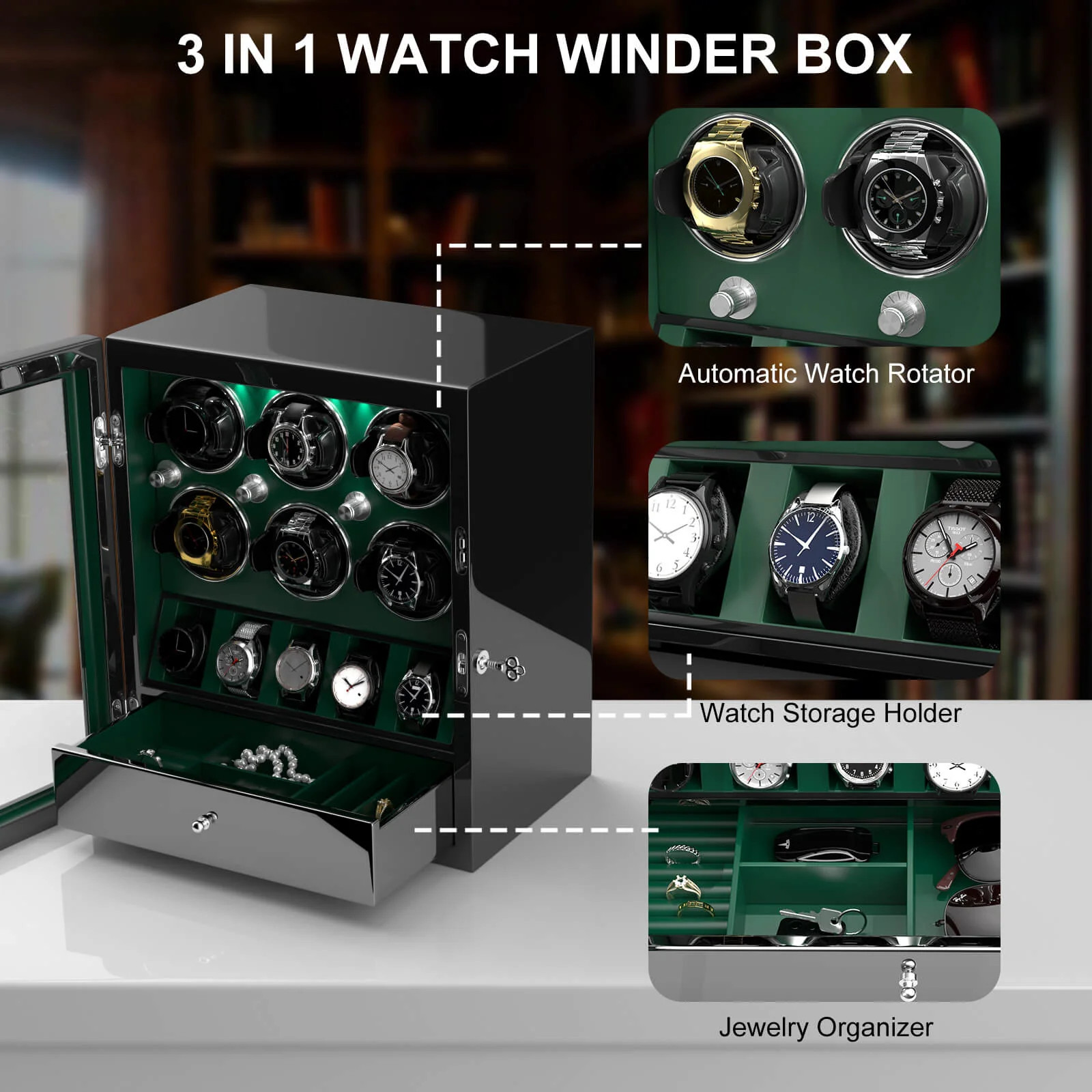 Classic 6 Watch Winders for Automatic Watches with 5 Watches Display Organizer - Green | Shop.app