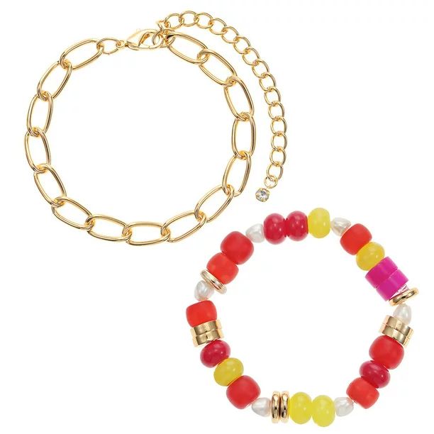 Seren Jewelry Women's Multicolored Bead and 14K Gold Flash Plated Bracelet Set, 2 Pieces | Walmart (US)