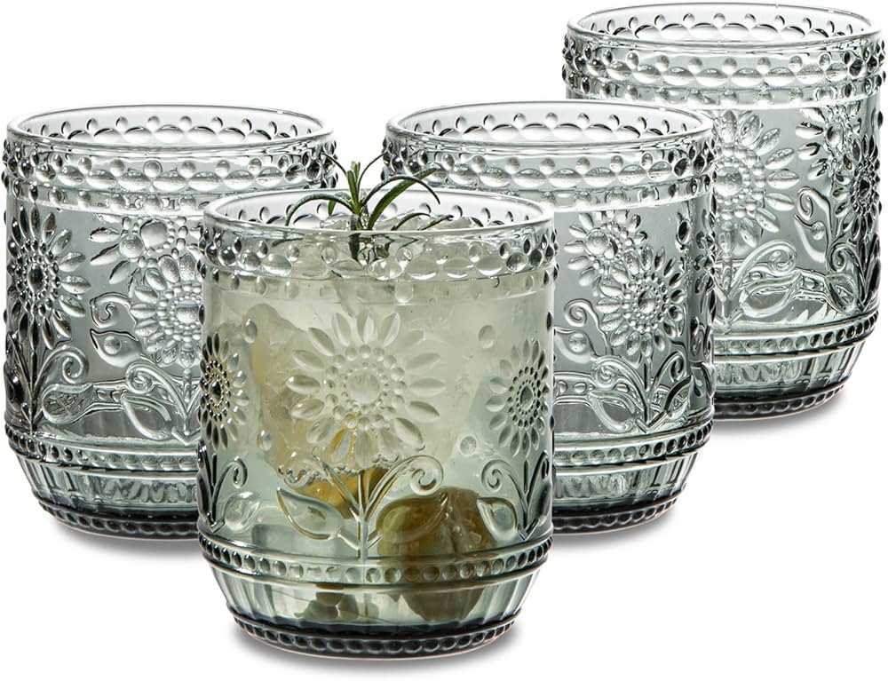 SoulTimes Glass Cups Vintage Glassware Drinking Glass Set of 4, Embossed Floral Decorative Glasse... | Amazon (US)