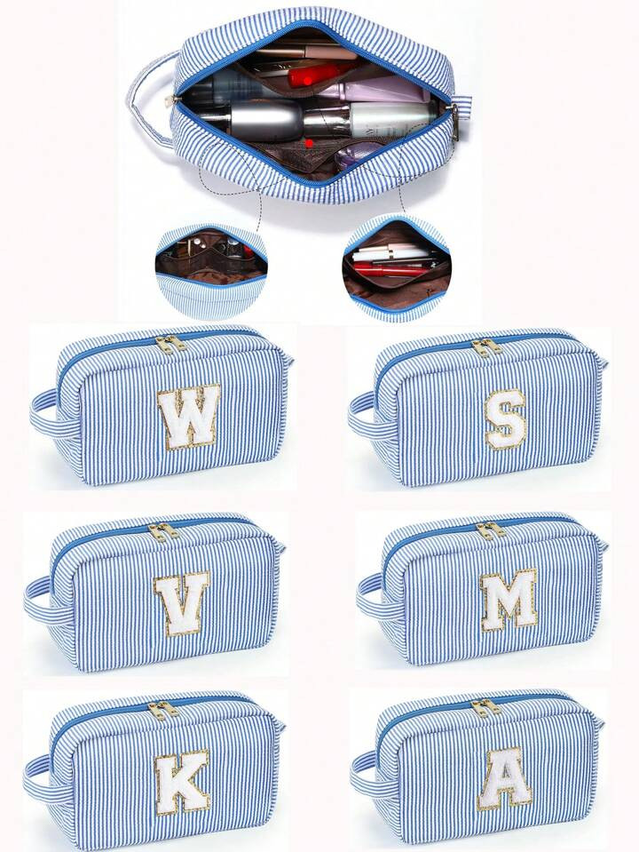 1 Piece Blue Striped Cute Makeup Bag Cosmetic Toiletry Pouch Bag Best Birthday Gifts For Mom Best... | SHEIN