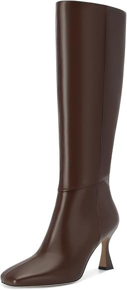 Dsevht Black Leather Knee High Boots for Women Stiletto Kitten Heeled Sexy Boots Square Toe and S... | Amazon (US)