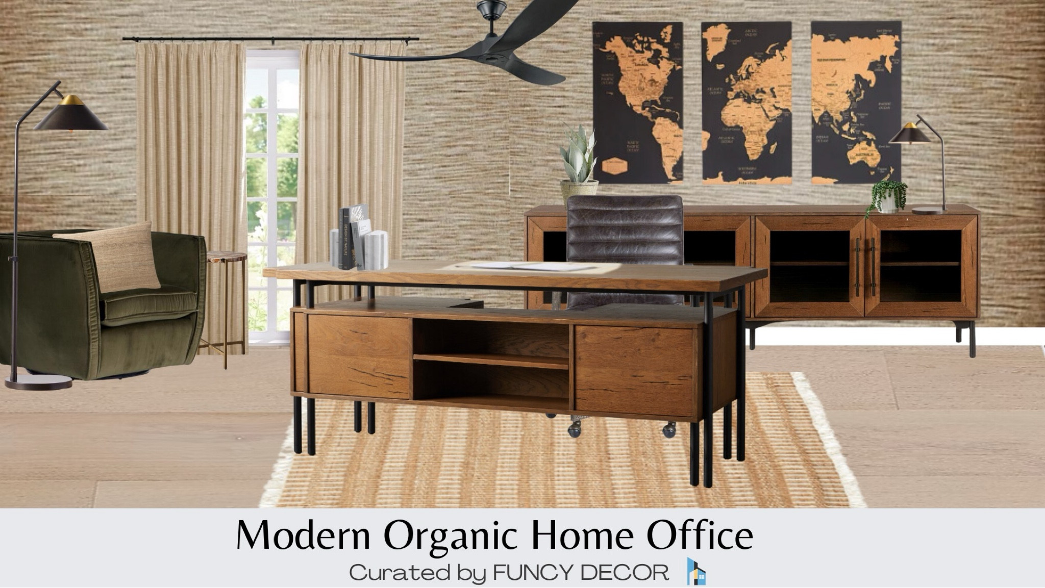 Work from home in this elegantly styled home office featuring warm wood tones  and nature-inspired textures 