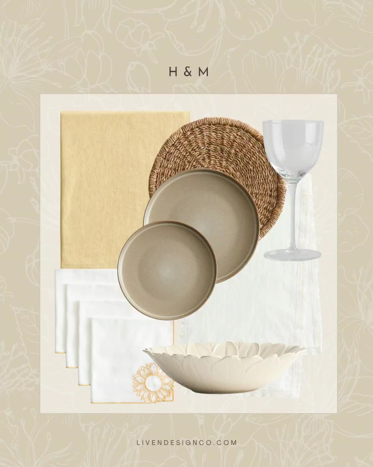 Spring dining. H&M spring table setting. Tablescape. Easter. Linen tablecloth. Glassware. Woven placemats. Dinnerware. Flower serving bowl 

#LTKSeasonal #LTKHome #LTKSaleAlert