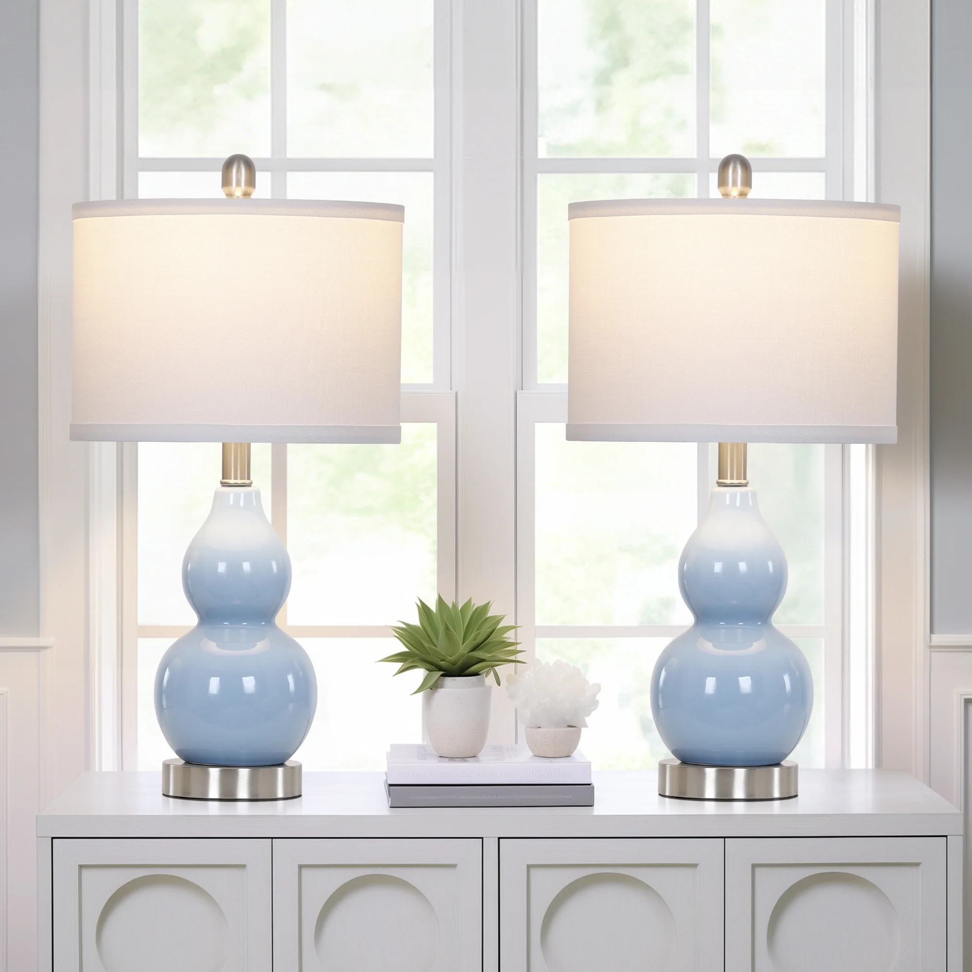 Cinkeda Ceramic Table Lamp Set of 2 for Bedroom Living Room 22" Modern Blue Double Gourd Nightsta... | Walmart (US)