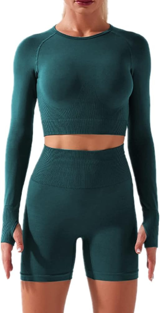 IWEMEK Women Seamless Yoga Outfits 2 Piece Workout Short Sleeve Crop Top with High Waisted Runnin... | Amazon (US)