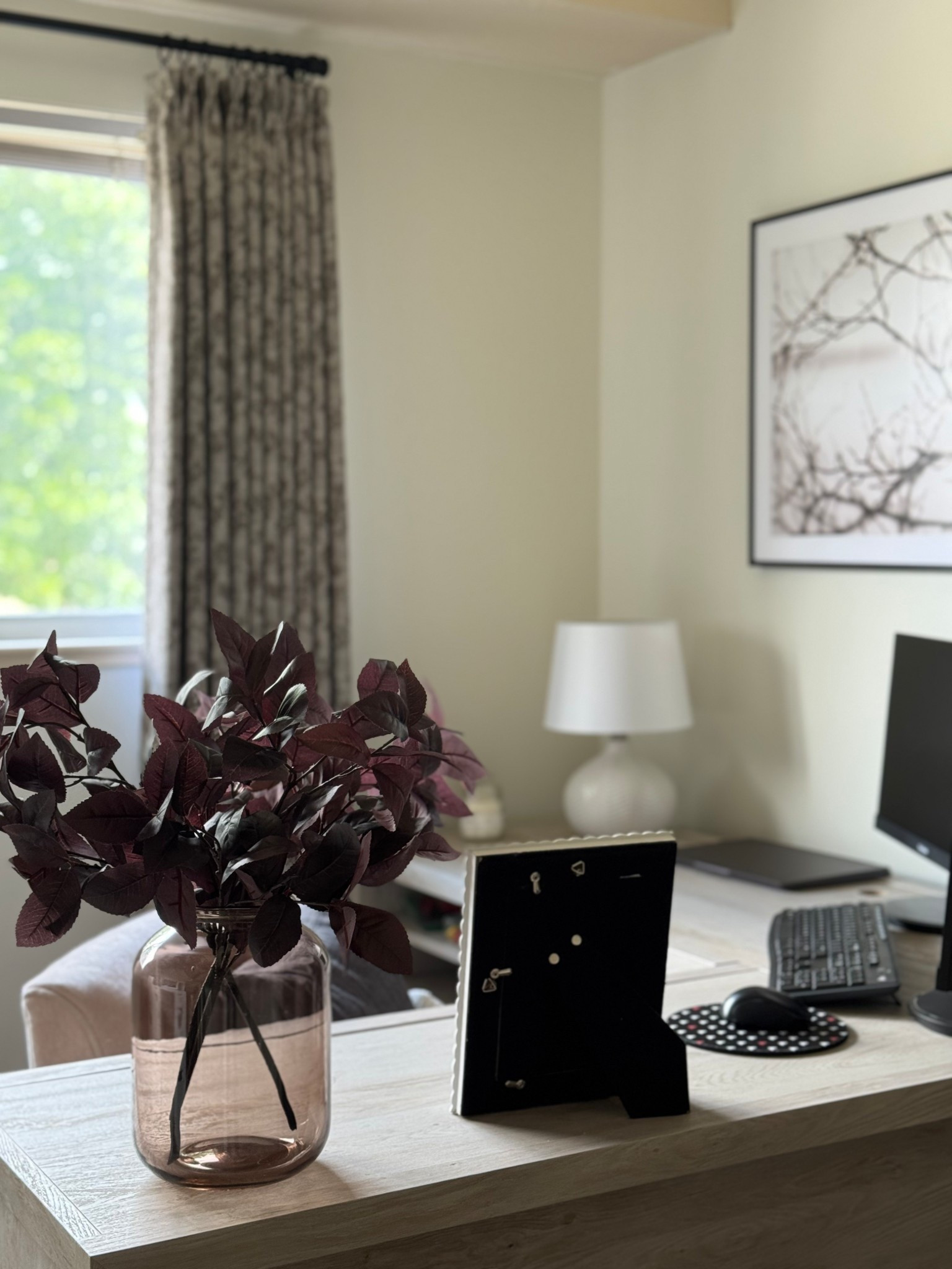 Home office, hearth and hand vase, brown vase, glass vase, plum stems