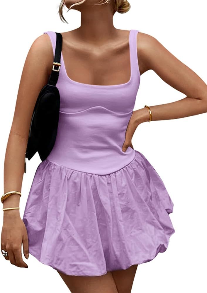 ZESICA Women's 2024 Summer Mini Dress Tank Sleeveless Square Neck Solid Color Puffy Beach Short D... | Amazon (US)
