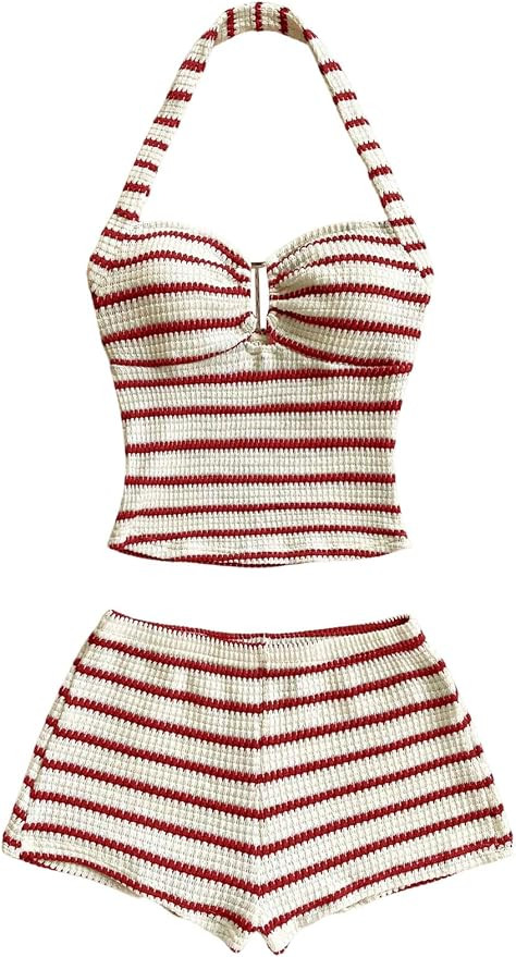 SOLY HUX Women's Summer 2 Piece Outfits Striped Crochet Halter Top Mini Shorts Set Beach Vacation... | Amazon (US)