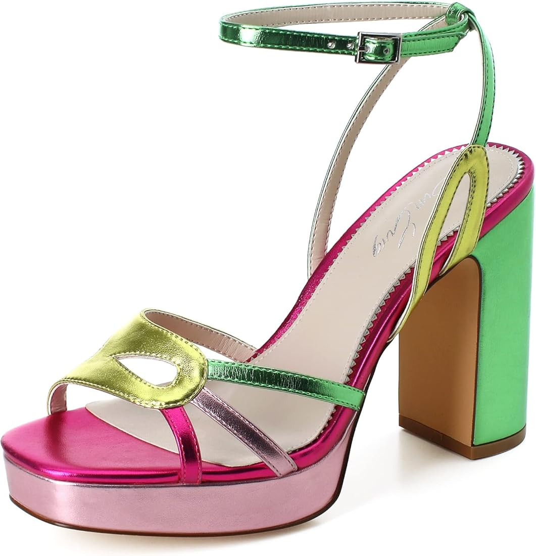 sun gurg Women's Open Toe Sandals Ankle Strap Platform Chunky High Heels | Amazon (US)