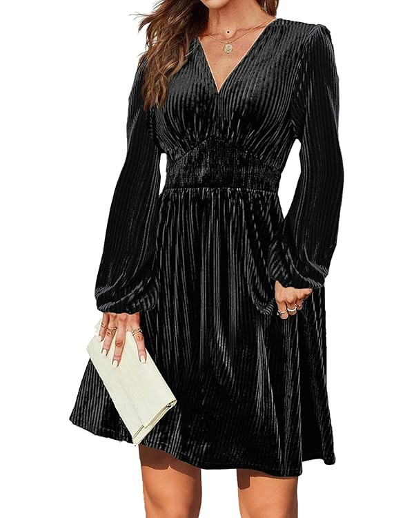 Zeagoo Womens Velvet Dress Sexy V-Neck Long Sleeve Stretch Mini Party Cocktail Flared Dress | Amazon (US)