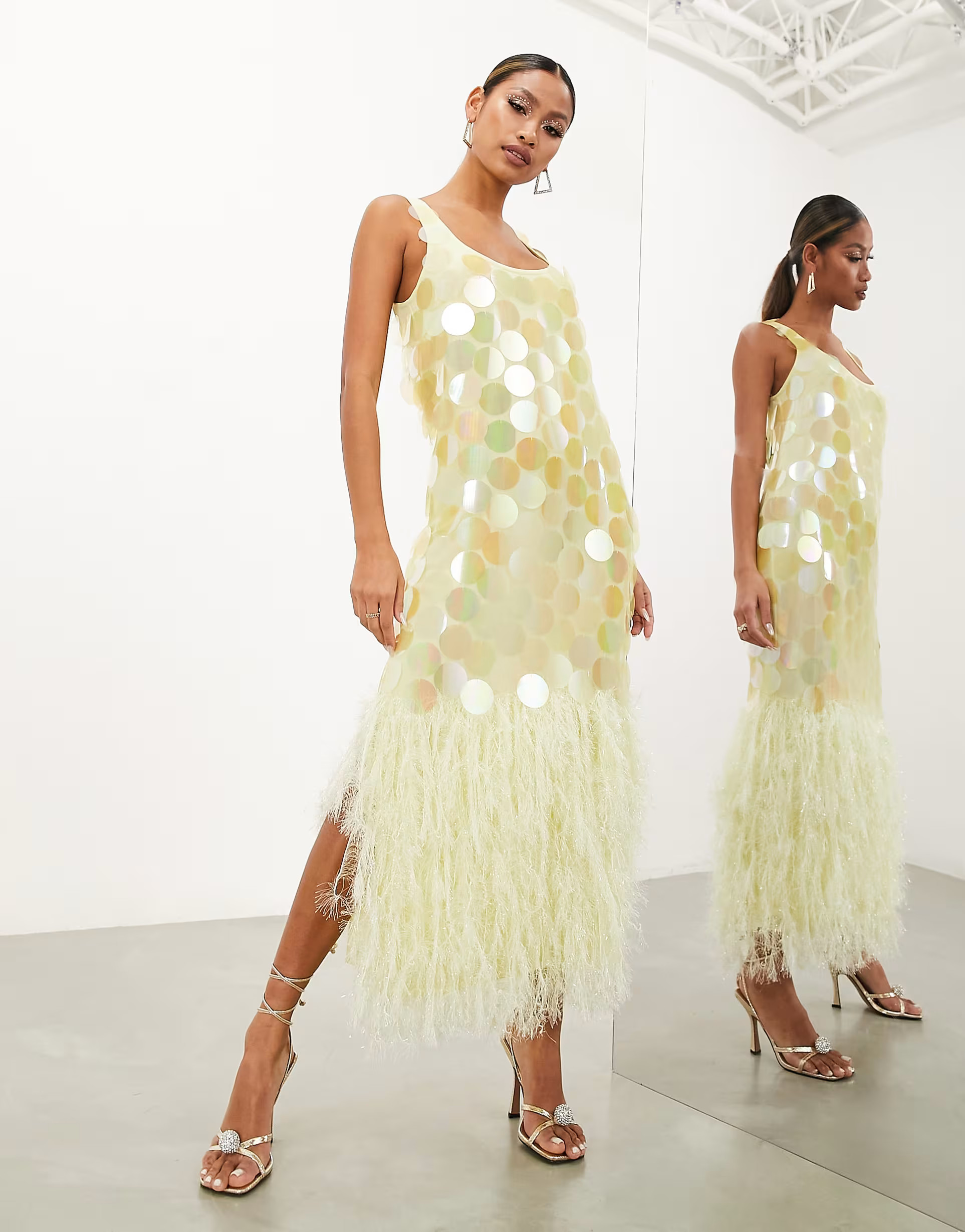 ASOS EDITION paillette sequin midi dress with faux feather hem in lemon | ASOS (Global)