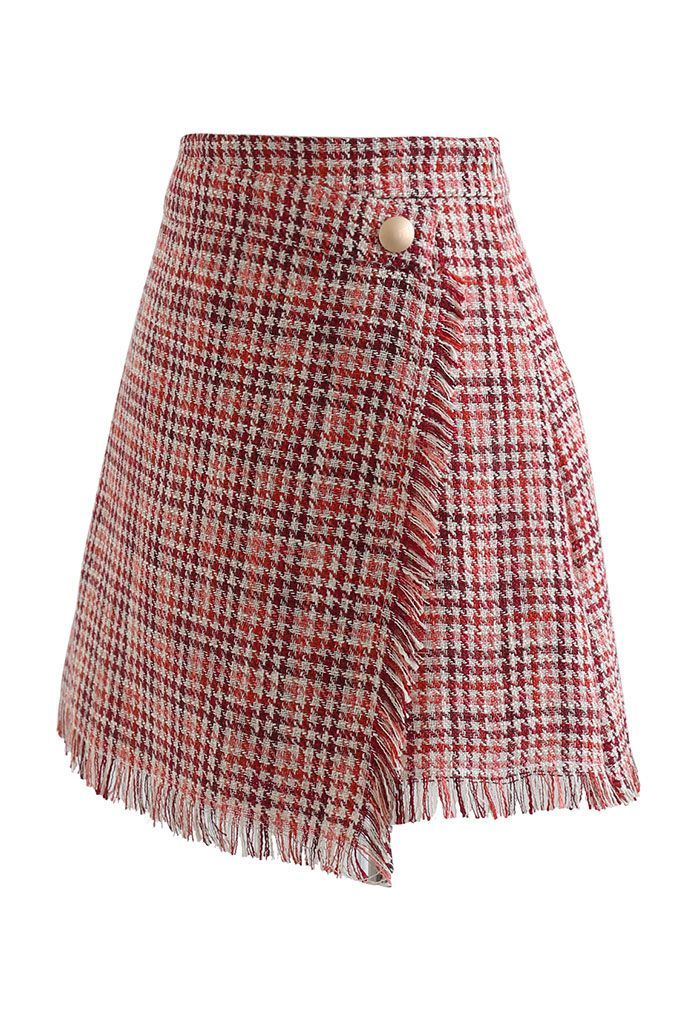 Tasseled Houndstooth Tweed Mini Flap Skirt in Red | Chicwish