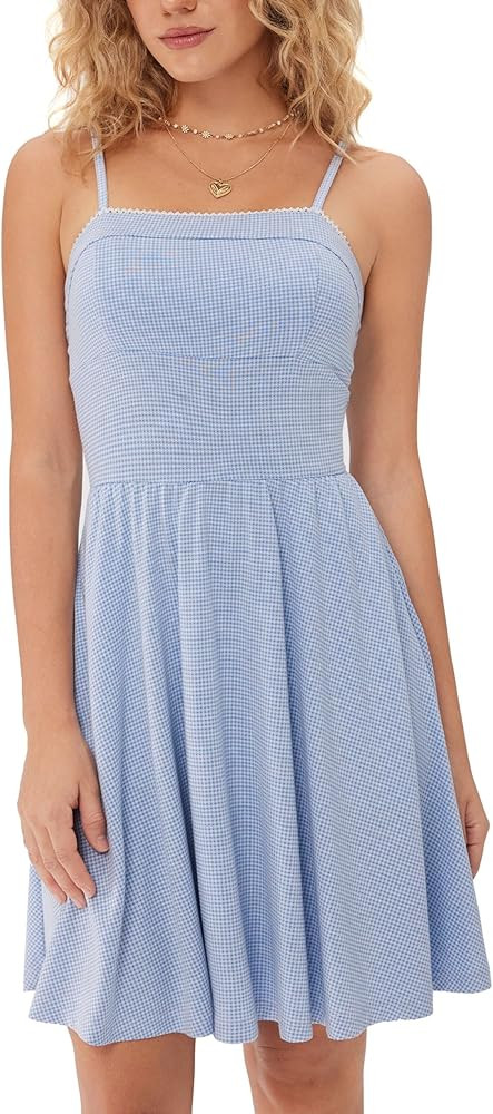 CIDER Women's Mini Gingham Dress Sleeveless Spaghetti Strap Knit Sundress with Pockets Summer Flo... | Amazon (US)