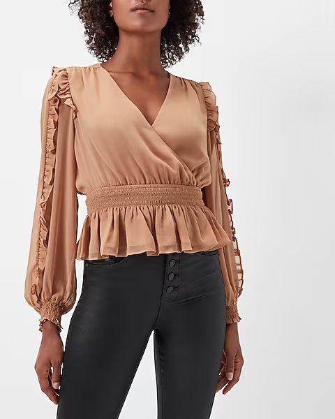 Solid Ruffle Wrap Front Peplum Top | Express