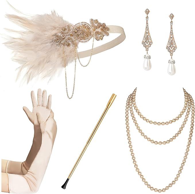 Zivyes 1920s Flapper Accessories Gatsby Costume Accessories Set for Women 20s Headpiece Pearl Nec... | Amazon (US)