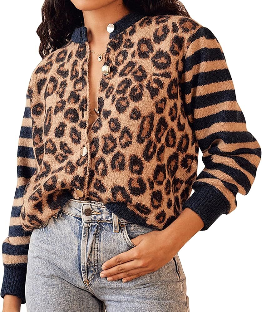 Leopard Striped Cardigans for Women Cheetah Open Front Sweater Knit Button Down Fall Clothes Long... | Amazon (US)