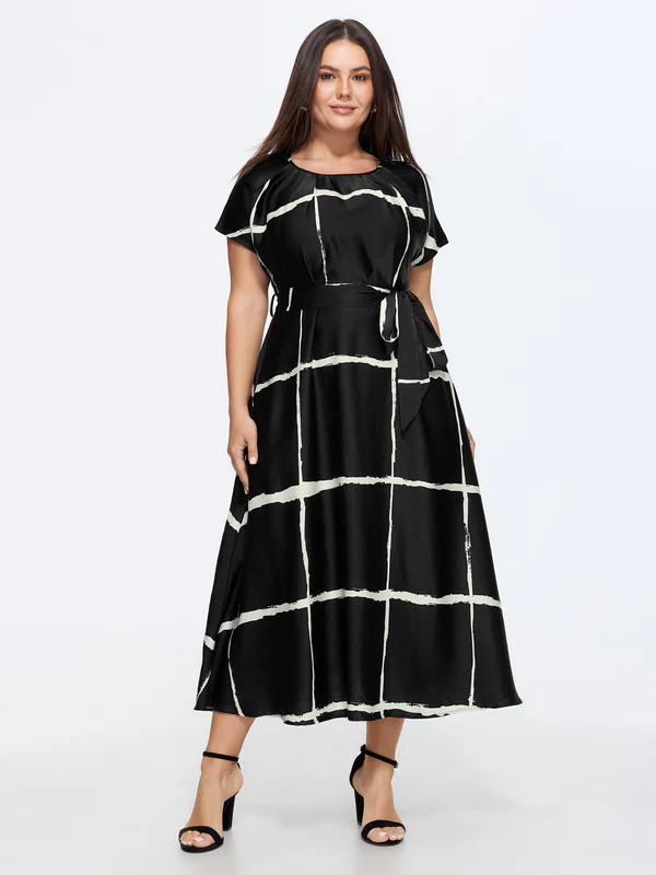 Plaid Print Round Neck Belted Midi Dress | Bloomchic