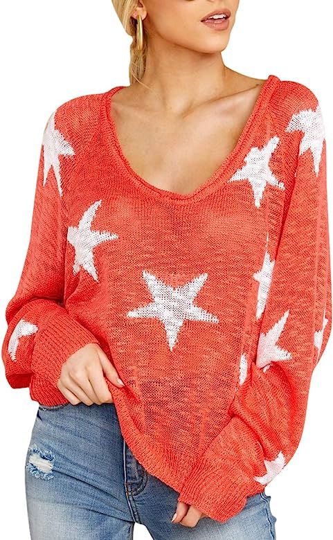 Women's Star Print Long Sleeve Pullover Sweater V Neck Loose Knitted Tops | Amazon (US)