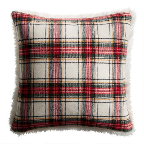 Red and Ivory Plaid and Faux Fur Throw Pillow | World Market