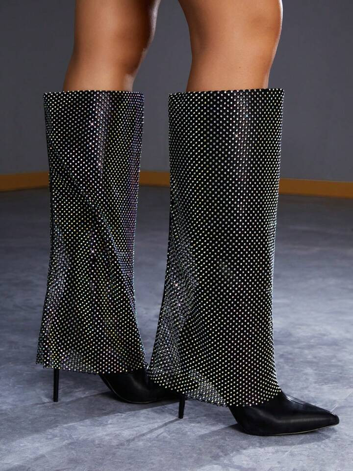 Party Collection Frauen Klassische Stiefel mit Strass Dekor, Stöckelabsatz, Glamourös Kunstlede... | SHEIN
