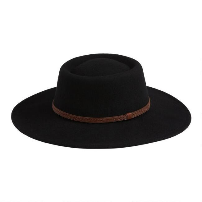 Black Wool Flat Top Jackie Hat With Bow Trim | World Market