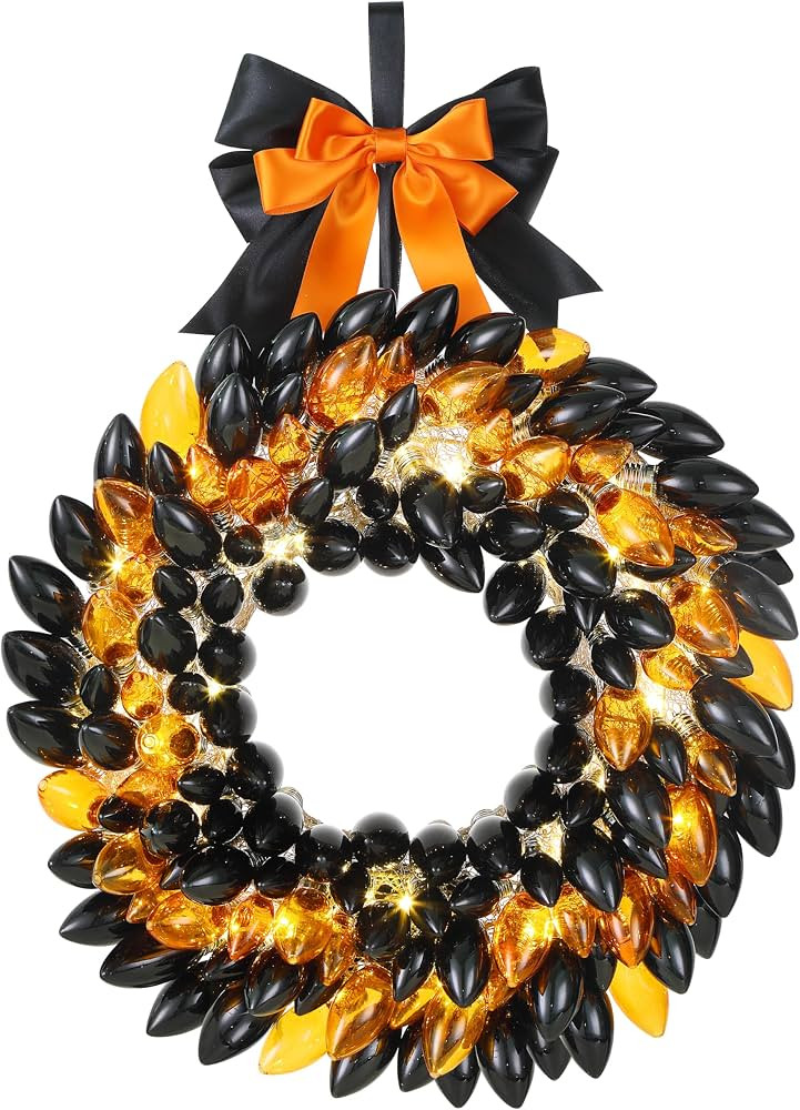 Mr. Halloween 17 in Retro Bulb Wreath with Micro LED Lights, Black and Orange Battery Operated Ha... | Amazon (US)