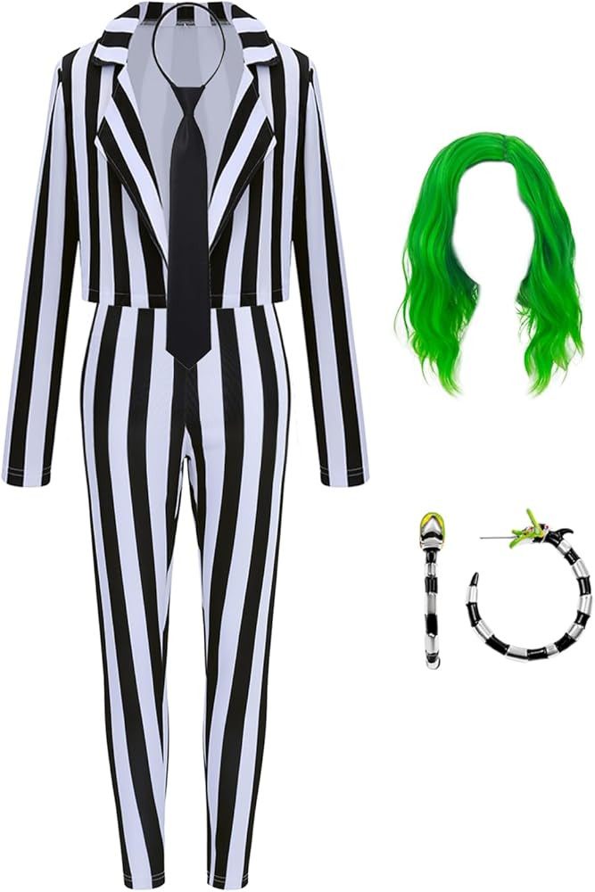 Women's Black and White Striped Blazer Suit Vertical Stripe Coat with Wig, Legging Pants, Tie, Ea... | Amazon (US)