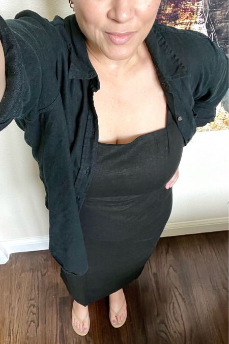 This is such a great midi dress. Square neck (so flattering) and in my favorite - black. Worn with an oversized button down shirt for arm coverage.

#LTKMidsize #LTKSaleAlert #LTKFindsUnder50