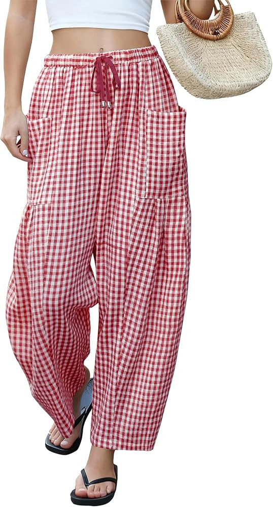 LOMON Womens Wide Leg Linen Pants Casual Drawstring Palazzo Harem Pants Summer Loose Beach Travel... | Amazon (US)