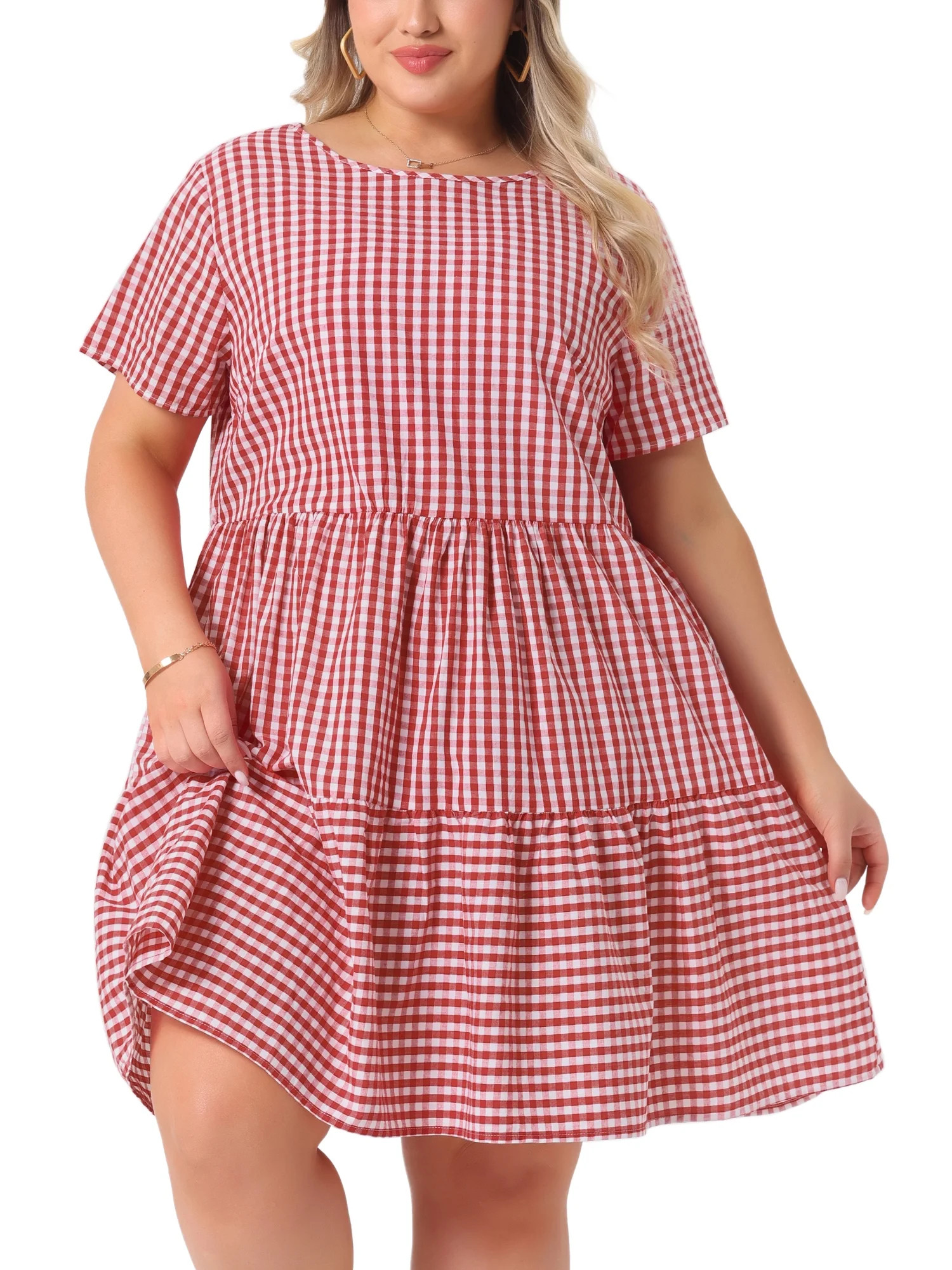 Agnes Orinda Women's Plus Size Gingham Dresses 1950s Vintage Tiered Crew Neck Short Sleeve Summer... | Walmart (US)