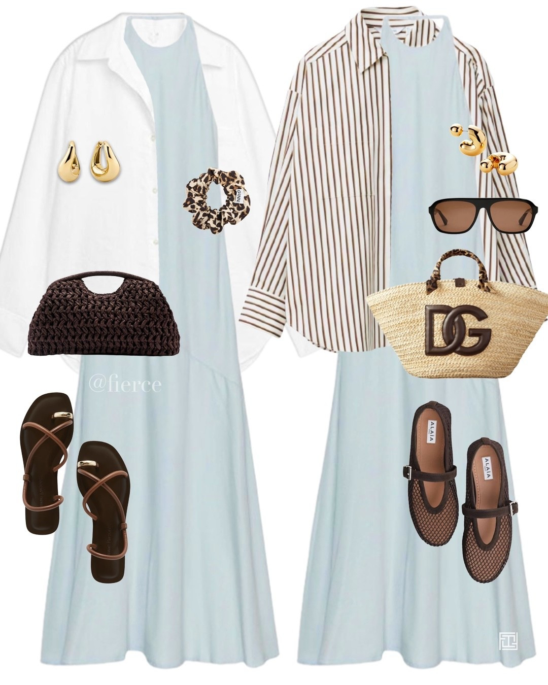 Blue dress white linen shirt striped shirt brown raffia clutch bag brown perforated Mary Jane ballet flats chocolate brown gold toe sandals resort wear beach holiday vacation 

#LTKdresses #LTKtravel #LTKspring