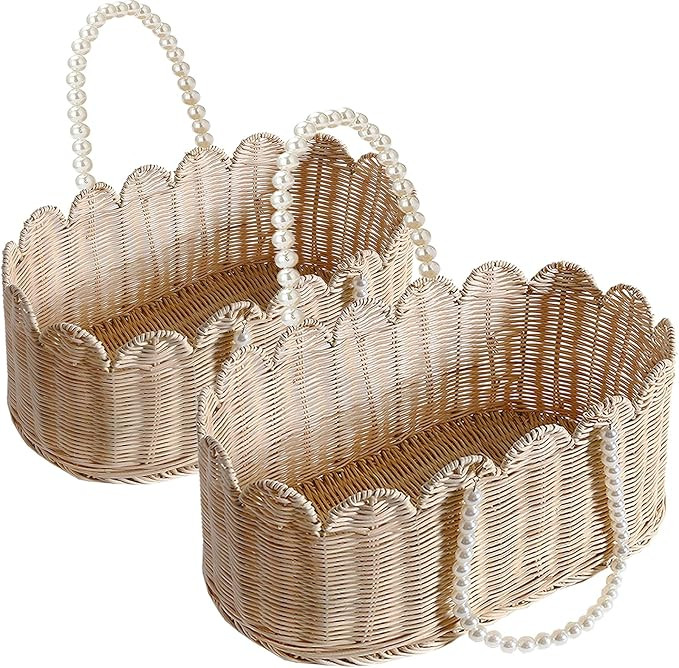 Set of 2 Scalloped Basket, Wicker Storage Baskets, Hand Woven Baskets for Shelves,Natural Baskets... | Amazon (US)