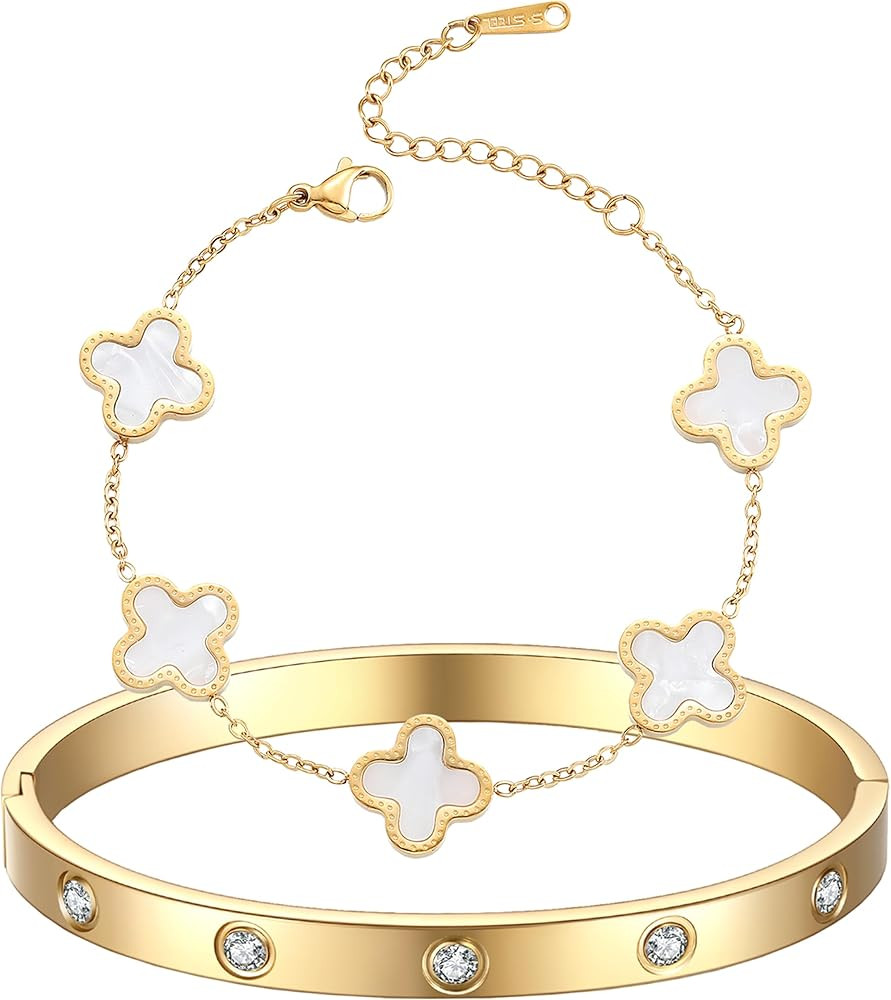 18K Gold Plated Clover Bracelet Love bangle Set for Women Stack Cute Fashion Simple Friendship Br... | Amazon (US)
