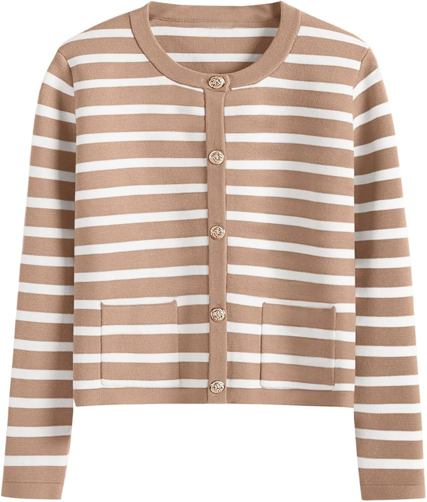 Women Striped Cardigan Sweaters Button Down Cropped Knit Lady Jackets Coat 2024 Fall Outfits Tren... | Amazon (US)