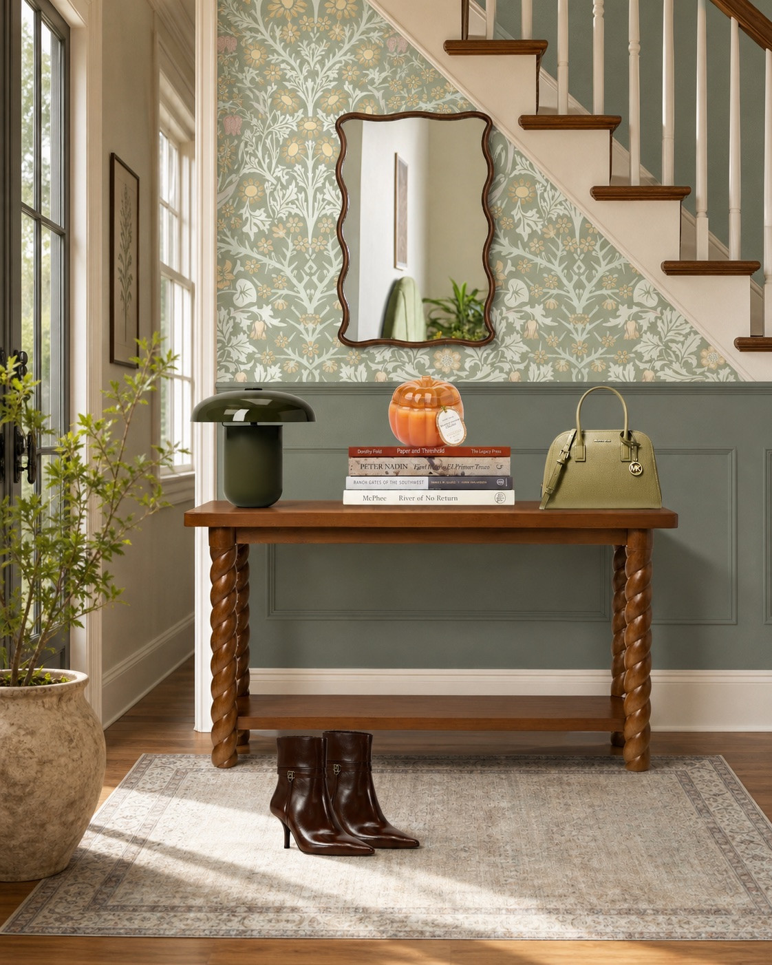 Beautiful entryway mood board! I love this console table from Studio McGee for Target, the mushroom lamp is very cute, beautiful purse and high heels. Rattan storage basket, curvy mirror and floral wallpaper. #falldecor #homedecor#LTKShoeCrush #LTKItBag

#LTKHome