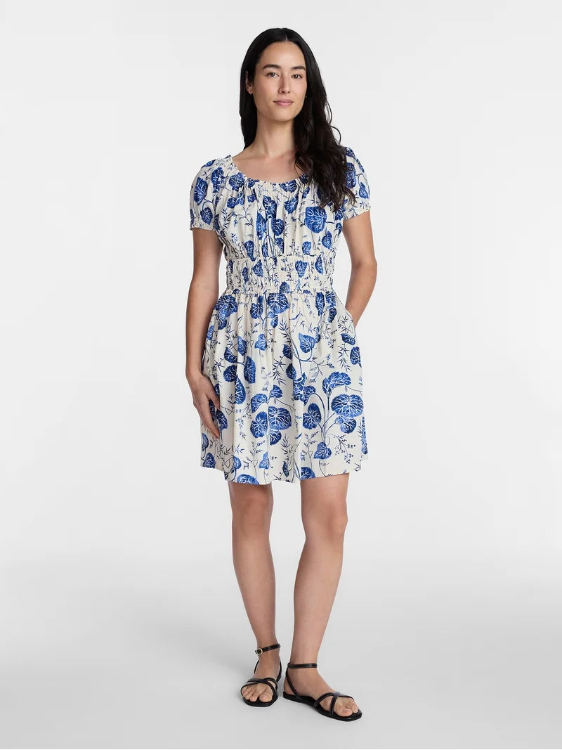 Time and Tru Women's and Women's Plus Cotton Peasant Mini Dress With Puff Sleeves, Sizes XS-4X | Walmart (US)