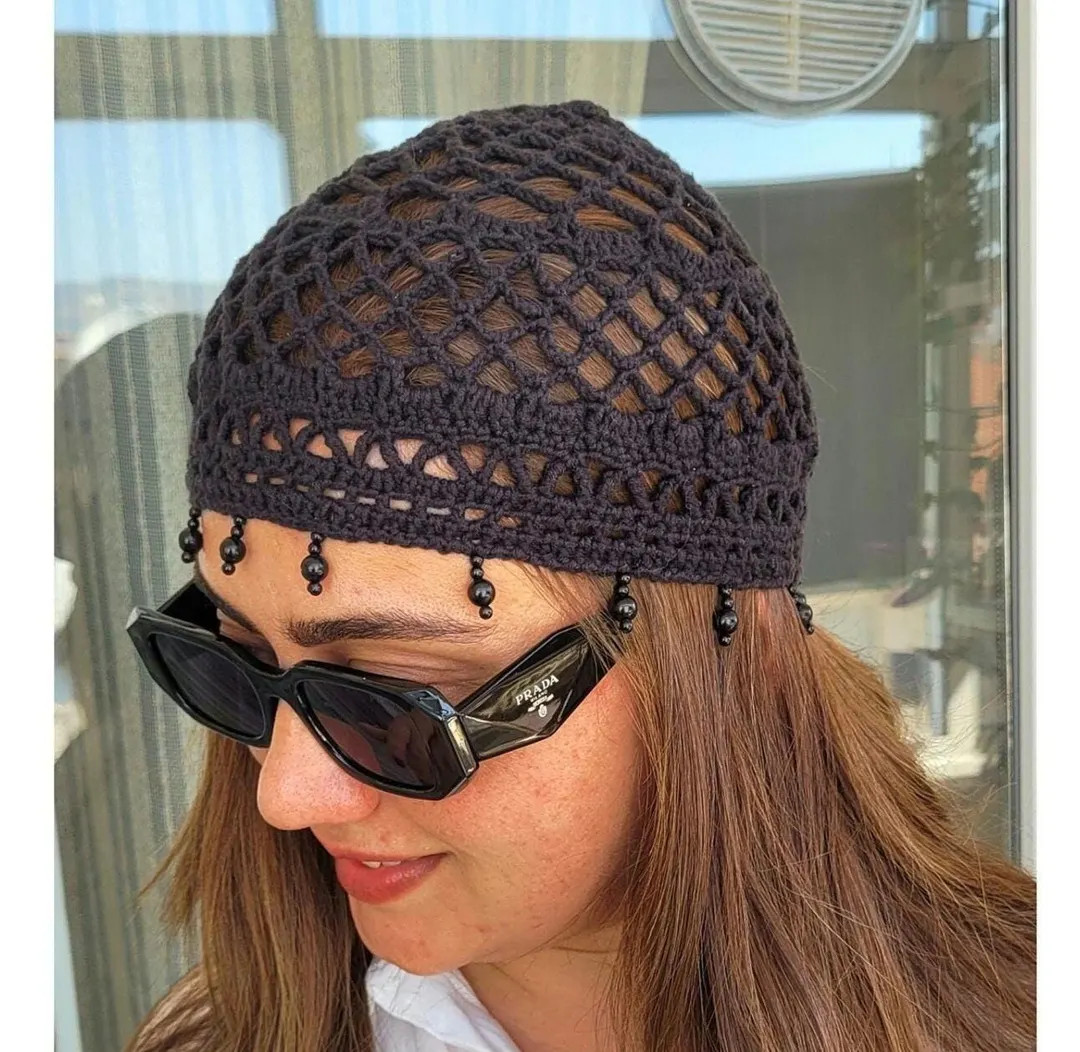 Beaded Black Crochet Hat, Cotton Mesh Knitted Hat, Skull Cap, Retro Hat, Fishnet Hat, Summer Hat,... | Etsy (US)