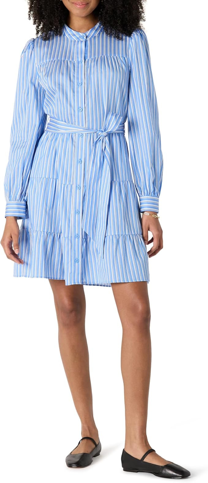 Amazon Essentials Women's Regular-Fit Cotton Sateen Tiered Shirt Dress | Amazon (US)