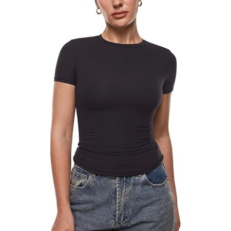 SUUKSESS Women Double Lined Fitted Basic Tee Crew Neck Short Sleeve Y2K Crop Top | Amazon (US)